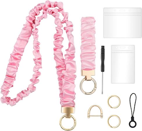 Pink Stretchy Scrunchie Lanyard & Wristlet Set with ID Badge, Cute Neck Lanyard for Keys - Holder for Women, Teachers, Nurses, Cruise Ship Staff in Saudi Arabia