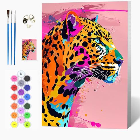 Auremi Colourful Leopard Paint by Number Kits with Framed, DIY Animal Paint by Number Canvas for Adults, Easy Acrylic in Canvas with Brushes for Decor 20x30cm in Saudi Arabia