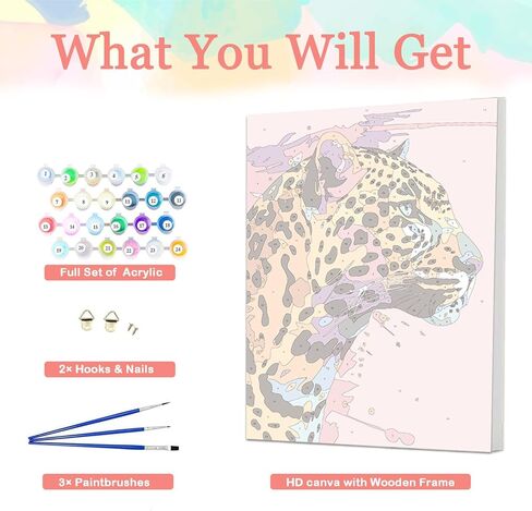 Auremi Colourful Leopard Paint by Number Kits with Framed, DIY Animal Paint by Number Canvas for Adults, Easy Acrylic in Canvas with Brushes for Decor 20x30cm in Saudi Arabia