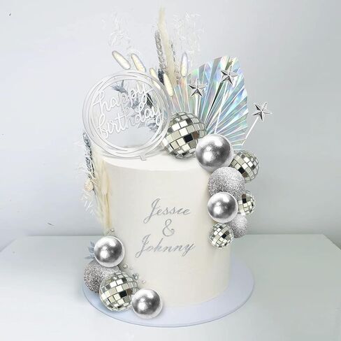 كرات ديسكو لتزيين الكيك، كرات مرآة مع زينة كعكة نجوم بوهو لسبعينيات وثمانينيات القرن الماضي، رقص ديسكو ليلة السبت، موضوع عيد الميلاد (فضي) in Kuwait