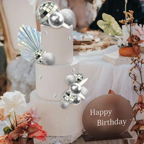 كرات ديسكو لتزيين الكيك، كرات مرآة مع زينة كعكة نجوم بوهو لسبعينيات وثمانينيات القرن الماضي، رقص ديسكو ليلة السبت، موضوع عيد الميلاد (فضي) in Kuwait