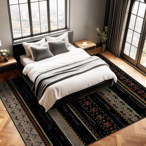 BESTSWEETIE 2x6 Hallway Runner Rugs Washable Rug Moroccan Farmhouse Neutral Geometric Low Pile Non-Slip Soft Rug for Entryway Bedroom Laundry Room Indoor Black/Brown in Kuwait