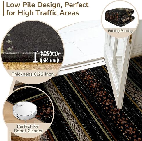 BESTSWEETIE 2x6 Hallway Runner Rugs Washable Rug Moroccan Farmhouse Neutral Geometric Low Pile Non-Slip Soft Rug for Entryway Bedroom Laundry Room Indoor Black/Brown in Kuwait