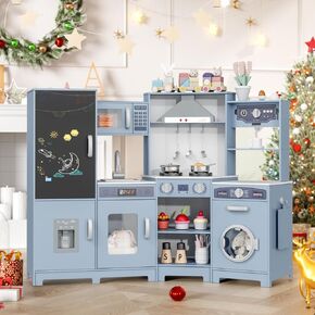 مطبخ لعب الزاوية الخشبية من MAMIZO، مجموعة ألعاب مطبخ كبيرة تفاعلية للأطفال الصغار مع سبورة وموقد وغطاء للموقد مع ضوء وصوت، صانع ثلج، غسالة، مجموعة من 6 ألعاب (وردي) in Kuwait