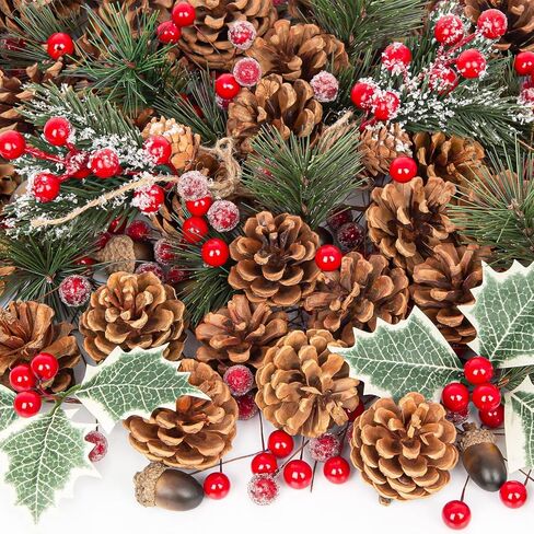 مخاريط صنوبر عيد الميلاد لديكورات الحرف اليدوية 144 قطعة من مخاريط الصنوبر الطبيعية وفرع الصنوبر الاصطناعي وسيقان التوت الأحمر والتوت بالجملة، للحرف اليدوية، إكليل عيد الميلاد ووعاء وحشو مزهرية، ديكور الطاولة in Saudi Arabia
