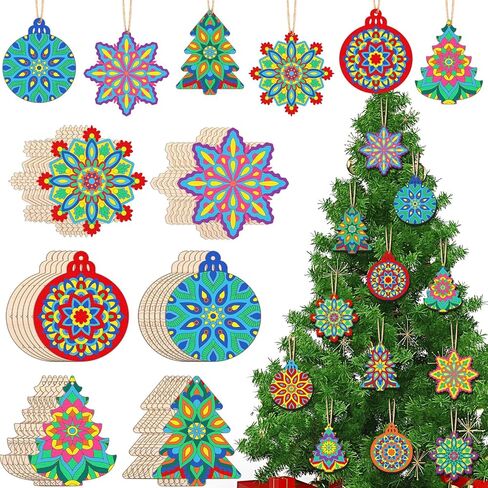 36 Pcs Wooden Christmas Ornaments Set with 12 Colored Pens, Unfinished Mandala Cutouts for DIY Crafts, Xmas Tree Hanging Decors in Saudi Arabia