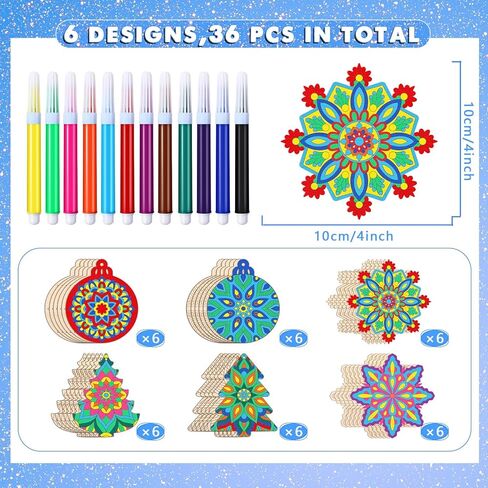 36 Pcs Wooden Christmas Ornaments Set with 12 Colored Pens, Unfinished Mandala Cutouts for DIY Crafts, Xmas Tree Hanging Decors in Saudi Arabia