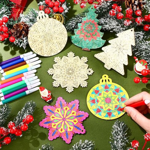 36 Pcs Wooden Christmas Ornaments Set with 12 Colored Pens, Unfinished Mandala Cutouts for DIY Crafts, Xmas Tree Hanging Decors in Saudi Arabia