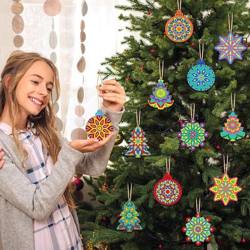 36 Pcs Wooden Christmas Ornaments Set with 12 Colored Pens, Unfinished Mandala Cutouts for DIY Crafts, Xmas Tree Hanging Decors in Saudi Arabia
