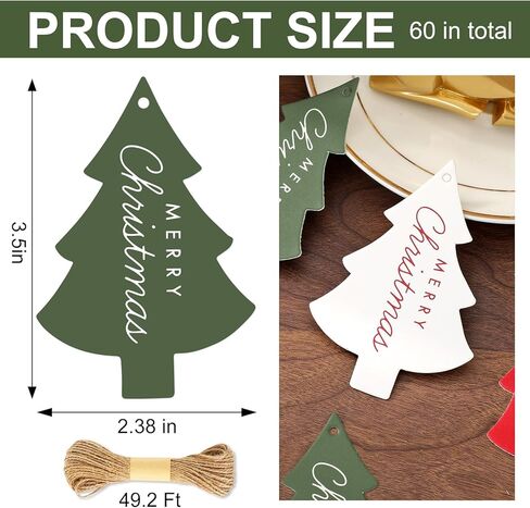 Whaline 60 Pcs Merry Christmas Paper Gift Tags Blank Tags Xmas Pine Tree Shaped Hanging Labels with Hemp Rope for Winter Holiday Party Present DIY Crafts, 3 Designs in Saudi Arabia
