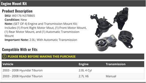 Engine Motor Mount and Automatic Transmission Mount Kit - Compatible with 2003-2008 Hyundai Tiburon 2.0L 4-Cylinder in Saudi Arabia