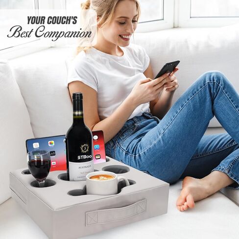 STBoo Couch Cup Holder Pillow - Sofa Drink Cup Holder Cozy Buddy | Bed Caddy Organizer Holds Remote, Snacks, Phones | Waterproof Anti-Spill Sofa Beverage Tray for Car, Pack, Beach, RV, Boat (Grey) in Saudi Arabia