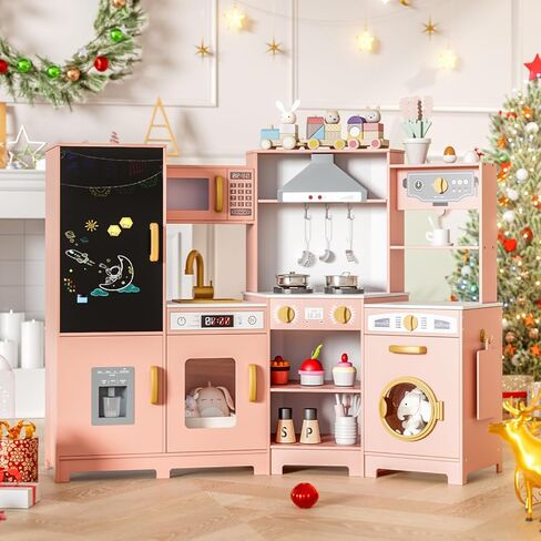 MAMIZO Wooden Corner Play Kitchen, Large Ultimate Interactive Toddler Pretend Kids Kitchen Playset with Blackboard, Stove & Range Hood w/Light & Sound, Ice Maker, Washing Machine, 6 Toy Set (Pink) in Saudi Arabia