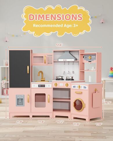 MAMIZO Wooden Corner Play Kitchen, Large Ultimate Interactive Toddler Pretend Kids Kitchen Playset with Blackboard, Stove & Range Hood w/Light & Sound, Ice Maker, Washing Machine, 6 Toy Set (Pink) in Saudi Arabia