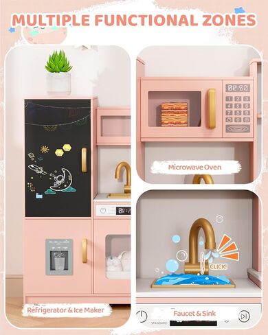 MAMIZO Wooden Corner Play Kitchen, Large Ultimate Interactive Toddler Pretend Kids Kitchen Playset with Blackboard, Stove & Range Hood w/Light & Sound, Ice Maker, Washing Machine, 6 Toy Set (Pink) in Saudi Arabia