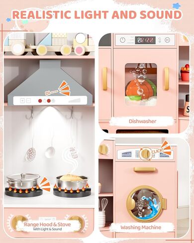 MAMIZO Wooden Corner Play Kitchen, Large Ultimate Interactive Toddler Pretend Kids Kitchen Playset with Blackboard, Stove & Range Hood w/Light & Sound, Ice Maker, Washing Machine, 6 Toy Set (Pink) in Saudi Arabia