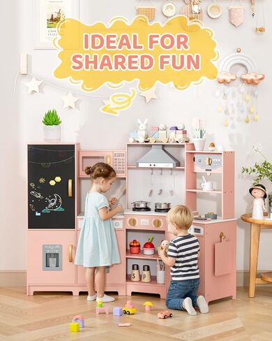 MAMIZO Wooden Corner Play Kitchen, Large Ultimate Interactive Toddler Pretend Kids Kitchen Playset with Blackboard, Stove & Range Hood w/Light & Sound, Ice Maker, Washing Machine, 6 Toy Set (Pink) in Saudi Arabia