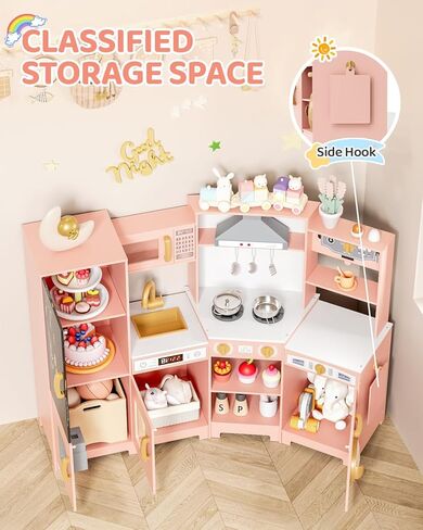 MAMIZO Wooden Corner Play Kitchen, Large Ultimate Interactive Toddler Pretend Kids Kitchen Playset with Blackboard, Stove & Range Hood w/Light & Sound, Ice Maker, Washing Machine, 6 Toy Set (Pink) in Saudi Arabia