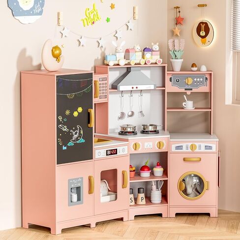 MAMIZO Wooden Corner Play Kitchen, Large Ultimate Interactive Toddler Pretend Kids Kitchen Playset with Blackboard, Stove & Range Hood w/Light & Sound, Ice Maker, Washing Machine, 6 Toy Set (Pink) in Saudi Arabia