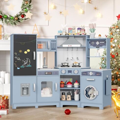 مطبخ لعب الزاوية الخشبية من MAMIZO، مجموعة ألعاب مطبخ كبيرة تفاعلية للأطفال الصغار مع سبورة وموقد وغطاء للموقد مع ضوء وصوت، صانع ثلج، غسالة، مجموعة من 6 ألعاب (وردي) in Kuwait