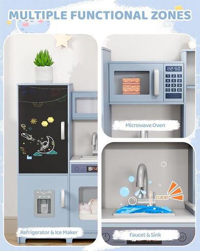 مطبخ لعب الزاوية الخشبية من MAMIZO، مجموعة ألعاب مطبخ كبيرة تفاعلية للأطفال الصغار مع سبورة وموقد وغطاء للموقد مع ضوء وصوت، صانع ثلج، غسالة، مجموعة من 6 ألعاب (وردي) in Kuwait