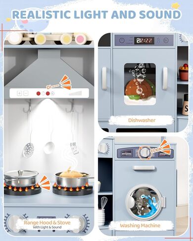 مطبخ لعب الزاوية الخشبية من MAMIZO، مجموعة ألعاب مطبخ كبيرة تفاعلية للأطفال الصغار مع سبورة وموقد وغطاء للموقد مع ضوء وصوت، صانع ثلج، غسالة، مجموعة من 6 ألعاب (وردي) in Kuwait