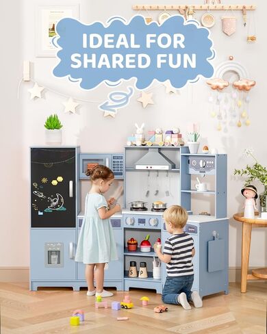 مطبخ لعب الزاوية الخشبية من MAMIZO، مجموعة ألعاب مطبخ كبيرة تفاعلية للأطفال الصغار مع سبورة وموقد وغطاء للموقد مع ضوء وصوت، صانع ثلج، غسالة، مجموعة من 6 ألعاب (وردي) in Kuwait