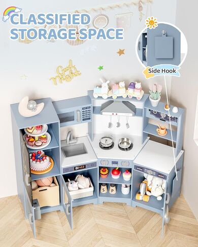 مطبخ لعب الزاوية الخشبية من MAMIZO، مجموعة ألعاب مطبخ كبيرة تفاعلية للأطفال الصغار مع سبورة وموقد وغطاء للموقد مع ضوء وصوت، صانع ثلج، غسالة، مجموعة من 6 ألعاب (وردي) in Kuwait