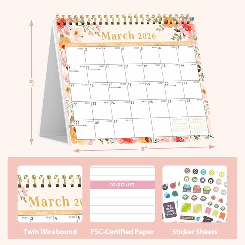 تقويم مكتب 2026، تقويم سطح المكتب 2026 غطاء فليب واقف 12 شهرًا (يناير - ديسمبر)، مخطط مكتب صغير مع ملصقات وملاحظات لملحقات المكتب واللوازم المدرسية المنزلية، 8 بوصة × 6 بوصة، زهري in Kuwait
