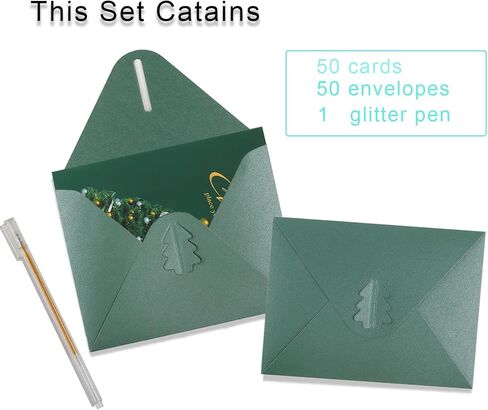 50 حزمة من مظاريف عيد الميلاد مقاس 4 × 6 مع بطاقات، ومغلفات صغيرة بمشبك شجرة عيد الميلاد لمستلزمات هدايا عيد الميلاد بحروف احتفالية (أخضر) in Kuwait