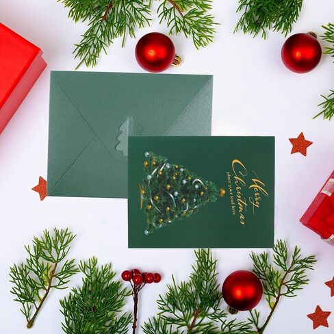 50 حزمة من مظاريف عيد الميلاد مقاس 4 × 6 مع بطاقات، ومغلفات صغيرة بمشبك شجرة عيد الميلاد لمستلزمات هدايا عيد الميلاد بحروف احتفالية (أخضر) in Kuwait