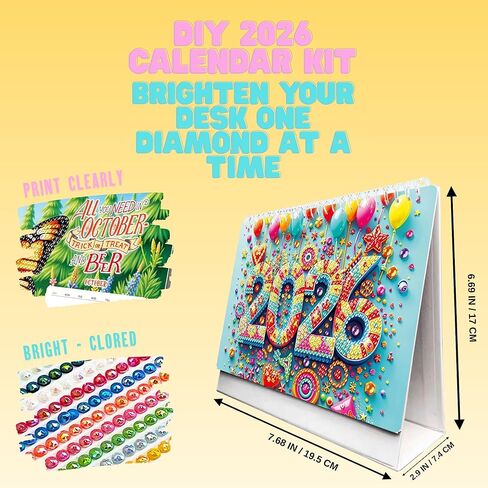 مجموعة تقويم مكتب الرسم الماسي لعام 2026 - تقويم فني ماسي DIY لعام 2026، تقويم سطح الطاولة الشهري القابل للطي مع خرزات ذات ألوان زاهية، ديكور مكتب منزلي مبتكر وهدية السنة الجديدة in Saudi Arabia