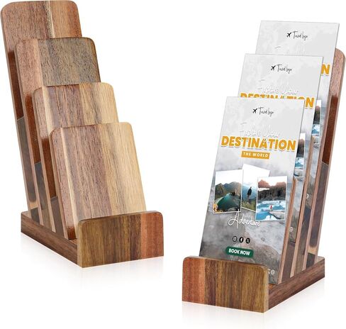 2 Pack Acacia Wood 4 Inch Wide pamphlet holder stand 4-Tier Flyer Display Stand 4×6 Inch Postcard Greeting Card Countertop Trifold Literature Holder Booklet Menu Organizer For Office Home in Saudi Arabia