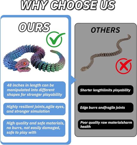 48 inch Super Large 3D Printed Snake with Movable Teeth and Flexible Joint 3D Printed Animals Toys Birthday in Saudi Arabia