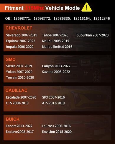 مستشعر TPMS للبرمجة المسبقة Malibu 2008-2015 / Sierra Sliverado 2007-2019 / Escalade Tahoe Yukon Suburan 2007-2020 /Enclave 2008-2017 Fit 315MHz Vehicle #GM OEM 13598771 in Kuwait