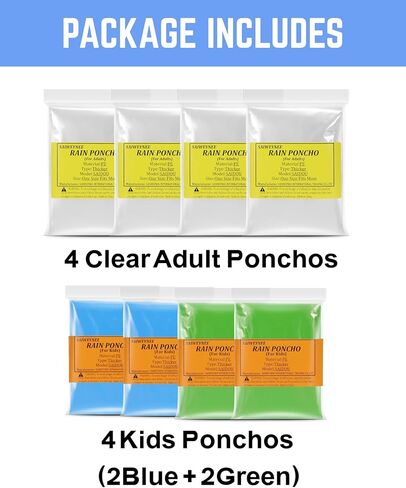 Rain Ponchos for Adults, Kids & Family - 4, 8, 9 & 16 Pack Options - Extra Thick, Tear-Resistant with Hood in Saudi Arabia
