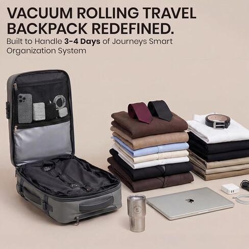 Fanwoli Rolling Vacuum Backpack Travel with One-Button Compression, Expandable Carry-On Suitcase Luggage, Approved TSA Lock & Water-Proof Laptop Compartment for Outdoor/Family/Business Trips in Saudi Arabia