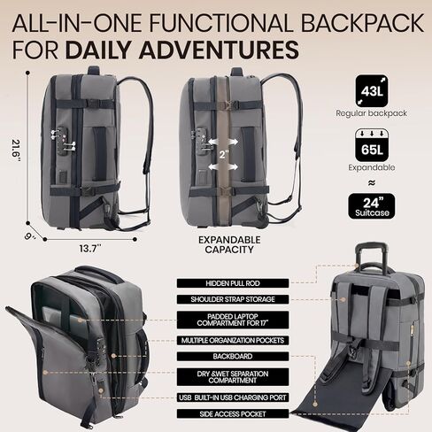 Fanwoli Rolling Vacuum Backpack Travel with One-Button Compression, Expandable Carry-On Suitcase Luggage, Approved TSA Lock & Water-Proof Laptop Compartment for Outdoor/Family/Business Trips in Saudi Arabia
