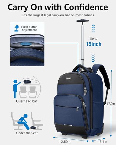 Rolling Backpack with Wheels - 17 Inch Travel Laptop Backpack - Water Resistant Wheeled Business Backpack - 35L Carry on Luggage Bag Flight Approved for Men Women Adults to Work - Black in Saudi Arabia