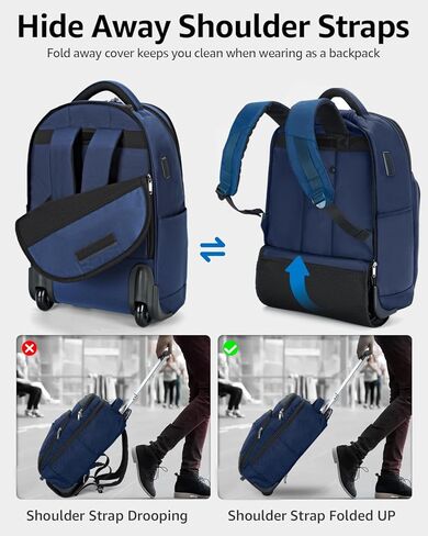 Rolling Backpack with Wheels - 17 Inch Travel Laptop Backpack - Water Resistant Wheeled Business Backpack - 35L Carry on Luggage Bag Flight Approved for Men Women Adults to Work - Black in Saudi Arabia