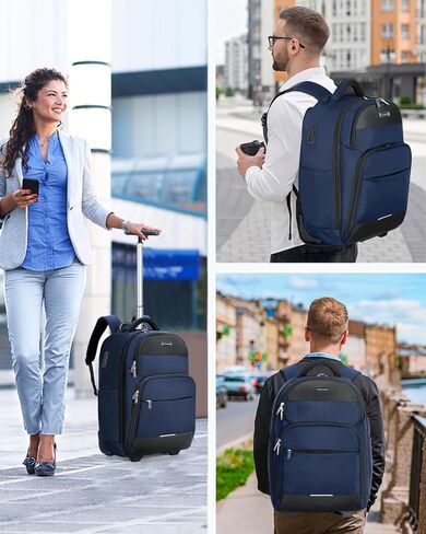 Rolling Backpack with Wheels - 17 Inch Travel Laptop Backpack - Water Resistant Wheeled Business Backpack - 35L Carry on Luggage Bag Flight Approved for Men Women Adults to Work - Black in Saudi Arabia