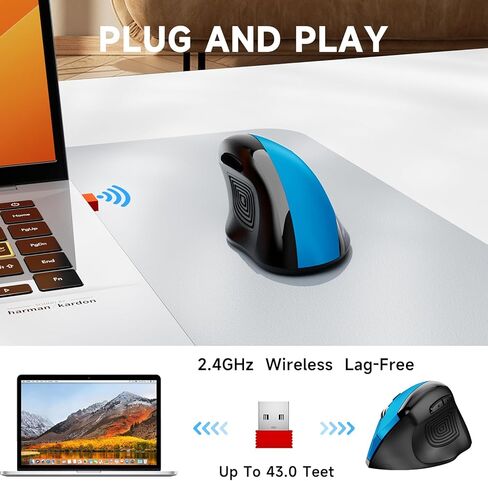 memzuoix Ergonomic Vertical Wireless Mouse - 2.4G Optical Cordless Mice with 3 DPI Levels (800/1200/1600) - Right-Handed Large Size Mouse for Laptop, Mac, PC, Desktop-Blue in Kuwait