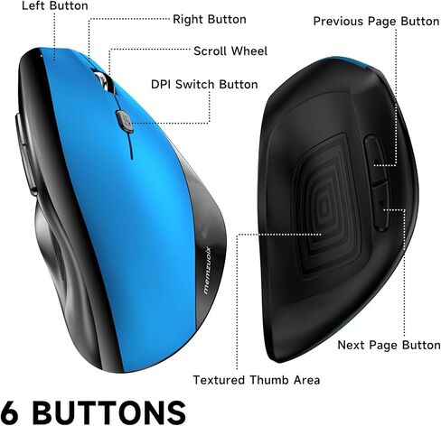 memzuoix Ergonomic Vertical Wireless Mouse - 2.4G Optical Cordless Mice with 3 DPI Levels (800/1200/1600) - Right-Handed Large Size Mouse for Laptop, Mac, PC, Desktop-Blue in Kuwait
