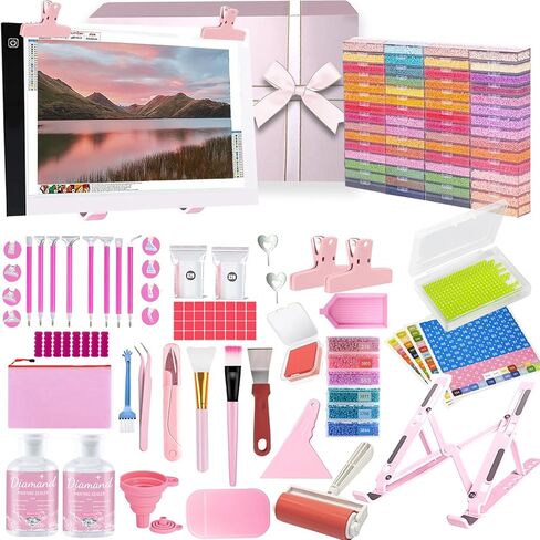 مجموعة أدوات الرسم الماسي الشاملة 185 قطعة من Qlonry، مجموعة إكسسوارات الفن الماسي بما في ذلك مجموعة لوحة إضاءة LED مقاس A4، ودعامة، وصندوق تخزين بتصميم نقطة محدبة، وقلم رسم للحرف اليدوية in Kuwait