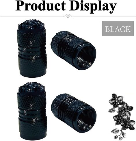 Bling Tire Valve Stem Caps for Car,4 Pack Rhinestone Crystal Metal Valve Covers – Universal Fit for Cars, SUVs, Trucks Stylish Car External Accessories for Women (Black) in Saudi Arabia
