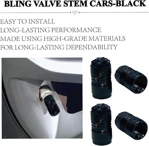 Bling Tire Valve Stem Caps for Car,4 Pack Rhinestone Crystal Metal Valve Covers – Universal Fit for Cars, SUVs, Trucks Stylish Car External Accessories for Women (Black) in Saudi Arabia