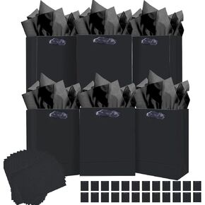 qiqee Black Gift Bags with Tissue Paper Mulit Assorted Sizes 24PCS Present Party Favor Birthday Bags(4pcs Large 13", 10pcs Medium 9", 10pcs Small 6" Bags，52pcs Tissue Paper) in Saudi Arabia