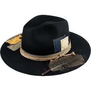 RUEDIGER Wide Brim Fedora Hats for Men Women 100% Wool Felt Panama Rancher Hat with Lightning Logo Distressed/Burned Handmade in Saudi Arabia