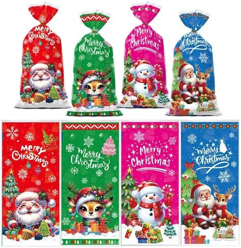 MAKBYME 50 Pcs Merry Christmas Gift Bags with Handles - Winter Xmas Treat Bags for Kids, Santa Claus Plastic Small Candy Goody Goodie Snack Bags Bulk for Christmas Party Decorations Supplies Favors in Saudi Arabia