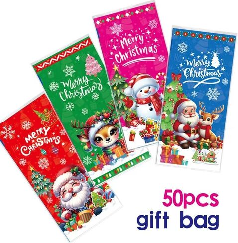 MAKBYME 50 Pcs Merry Christmas Gift Bags with Handles - Winter Xmas Treat Bags for Kids, Santa Claus Plastic Small Candy Goody Goodie Snack Bags Bulk for Christmas Party Decorations Supplies Favors in Saudi Arabia